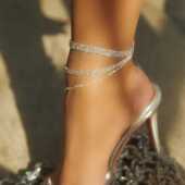 2025脚链女新款 脚镯配饰 欧美时尚 饰品性感多层满钻闪亮脚饰高跟鞋