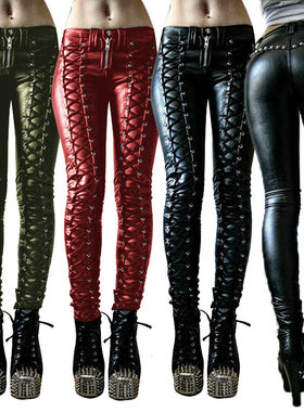 外贸新款欧美绑带PU皮裤拼接拉链褶皱长裤女士pants for women。