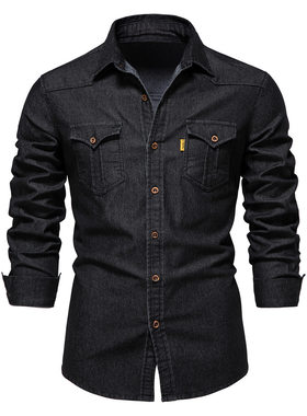 外贸跨境牛仔衬衣男款休闲纯色双口袋男式长袖衬衫denim shirt。