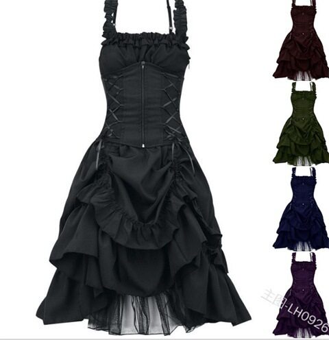 洛丽塔COS服哥特式修身显瘦不规则设计绑带束腰连衣裙抹胸裙dress