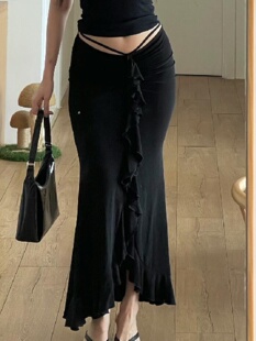 Ahagaga 时尚拼接紧身显瘦法式半身裙欧美辣妹百搭低腰荷叶边裙子