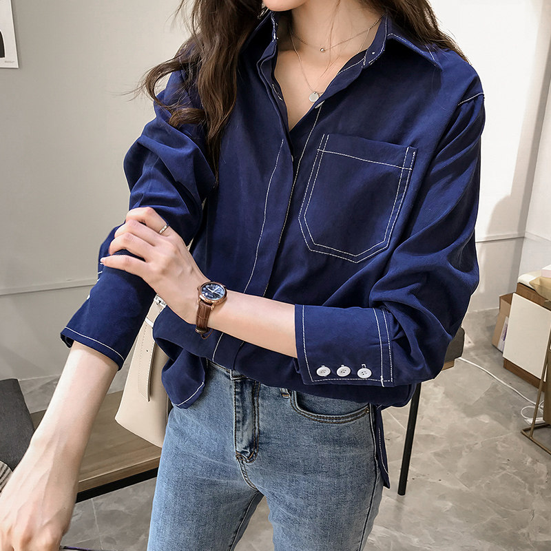 春秋新款宽松衬衫女长袖复古港味风上衣纯色衬衣打底衫潮shirt