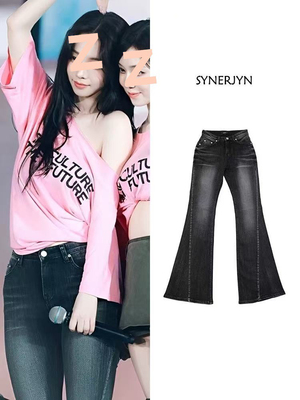 现货~柳智敏~直井怜~方智玟~SYNERJYN~辣妹风复古水洗喇叭牛仔裤