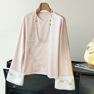 中式盘扣复古汉元素上衣女春装原创设计醋酸提花绣花宽松国风衬衫