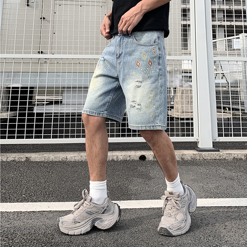 韩国潮牌夏季新款中国风刺绣潮流帅气烫钻牛仔短裤男士宽松休闲破