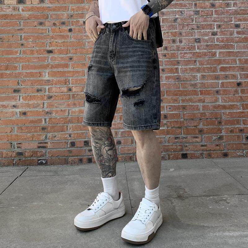 韩国潮牌黑色破洞牛仔短裤男潮牌美式高街休闲乞丐五分裤宽松大码