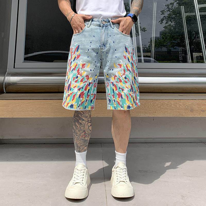 韩国潮牌夏季新款美式高街潮牌涂鸦牛仔短裤男士宽松直筒中裤休闲