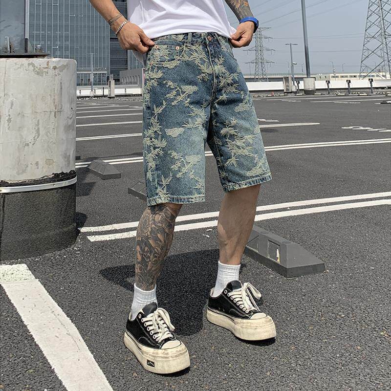 韩国潮牌夏季新款潮牌提花牛仔短裤男美式高街帅气直筒五分裤复古