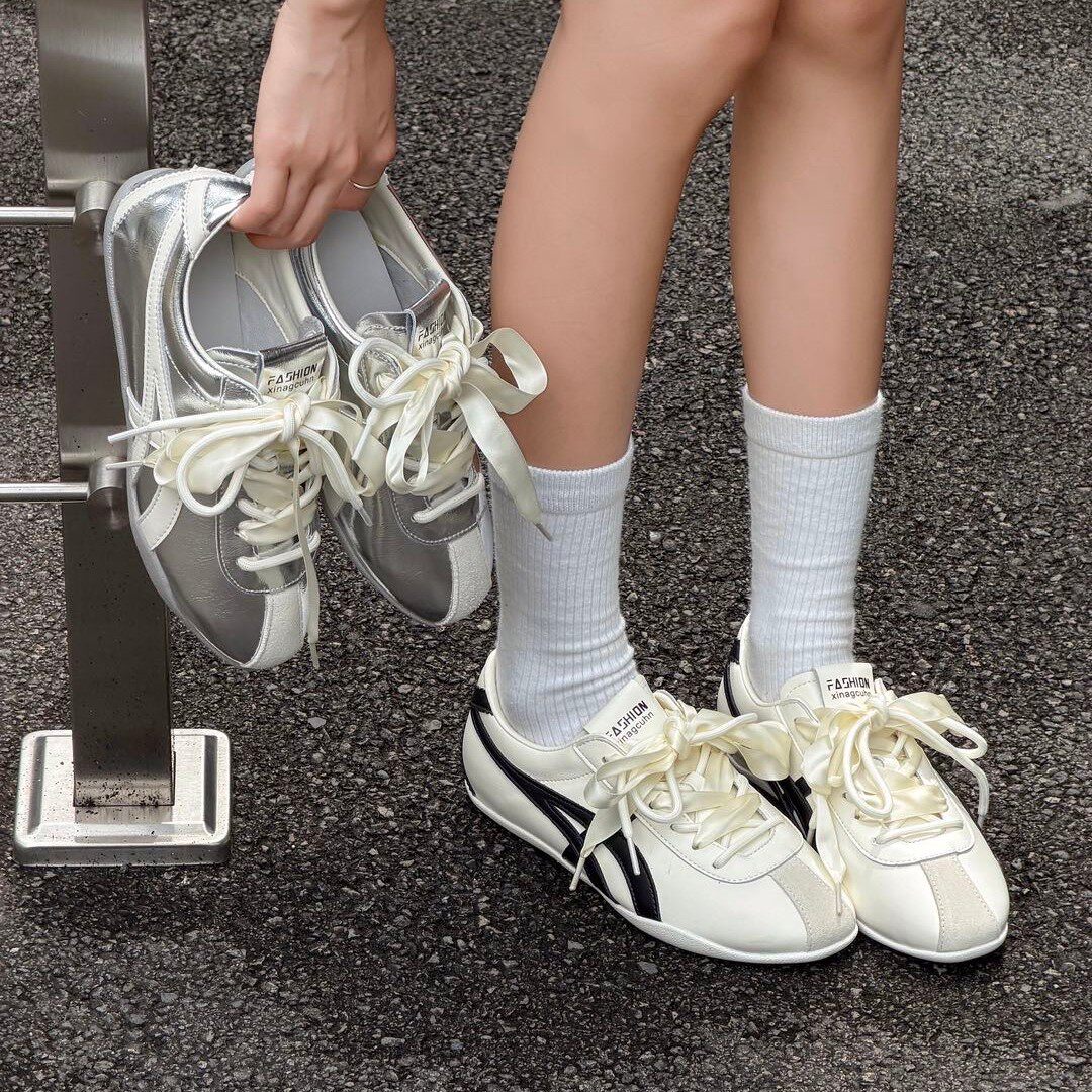 韩国潮鞋薄款德训鞋女2026新款复古撞色缎带百搭休闲运动鞋软底透