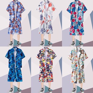 沙滩裤 套装 大裤 防晒薄款 男冰丝 衩情侣套装 韩国潮牌夏威夷印花衬衫