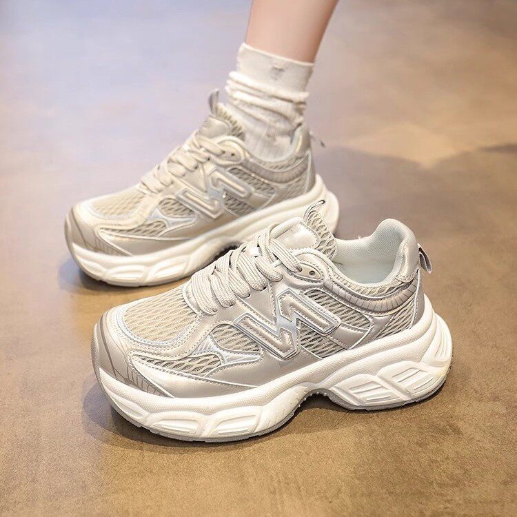 韩国潮鞋网面厚底老爹鞋女2026春夏季新款绑带显脚小增高休闲运动