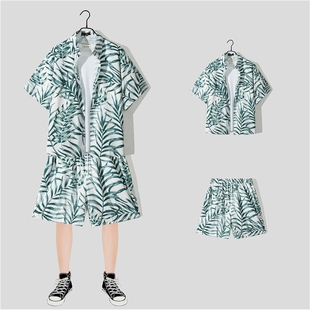 花衬衣宽松短 三亚旅游夏威夷大码 韩国潮牌海南岛服沙滩衬衫 男套装