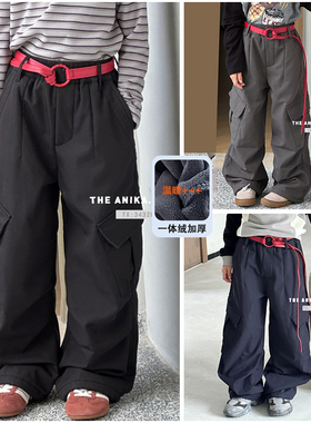 ANIKA童装儿童一体绒个性加厚工装裤25冬季新品男女童长裤潮3387