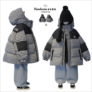 啦芙莱童装 男女童加厚外套3722 儿童格子90白鸭绒连帽羽绒服25冬季