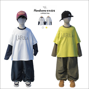 啦芙莱童装儿童刺绣长袖T恤26春季新品男女童圆领T恤打底衫7782