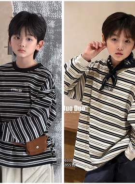 牛哆哆童装儿童条纹长袖T恤26春季新品男女童圆领T恤打底衫76331