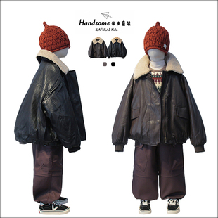 啦芙莱童装 男童运动皮革翻领上衣6501 儿童夹薄棉PU皮外套25初冬季