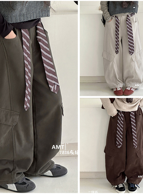 爱木橦童装儿童一体绒韩版腰带休闲裤25冬季新男女童工装长裤7836