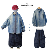 啦芙莱童装 26春新男中童翻领衬衣上衣2960 儿童漆点做旧软牛仔衬衫