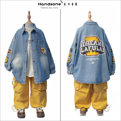 啦芙莱童装儿童字母印花牛仔衬衫2025春夏新品男女童翻领衬衣2686