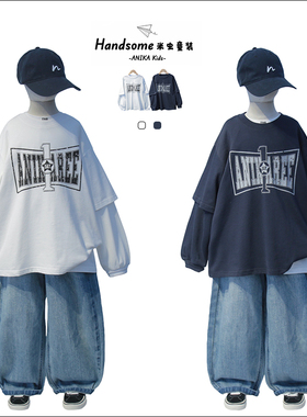 ANIKA童装儿童假两件阔版字母T恤26春新中大童男女童长袖上衣3128