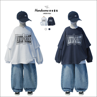 ANIKA童装儿童假两件阔版字母T恤26春新中大童男女童长袖上衣3128