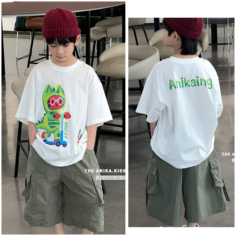 ANIKA童装儿童卡通恐龙短袖T恤26夏季新品男女童T恤阔版上衣3423