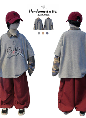 啦芙莱童装儿童迷彩假两件POLO衫T恤26春中大童男童长袖上衣8652