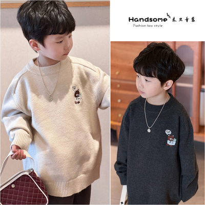 [特价]品牌童装儿童绵羊绒混纺卡通刺绣毛衣24冬男童保暖线衫8621
