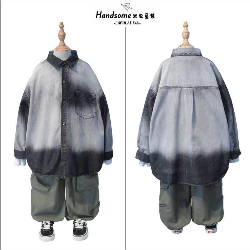 啦芙莱童装儿童韩版渐变翻领软牛仔衬衫2025春季新品男童衬衣2157