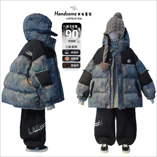 啦芙莱童装儿童水墨画90白鸭绒连帽羽绒服25冬男女童加厚外套3722