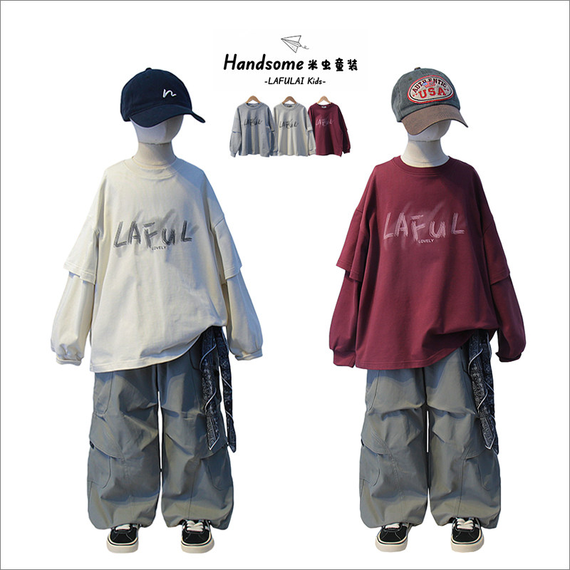 啦芙莱童装儿童字母假两件长袖T恤25秋季新品男女童百搭上衣7255,童装/婴儿装/亲子装,T恤,淘宝优惠券,粉丝福利购,淘宝优惠卷