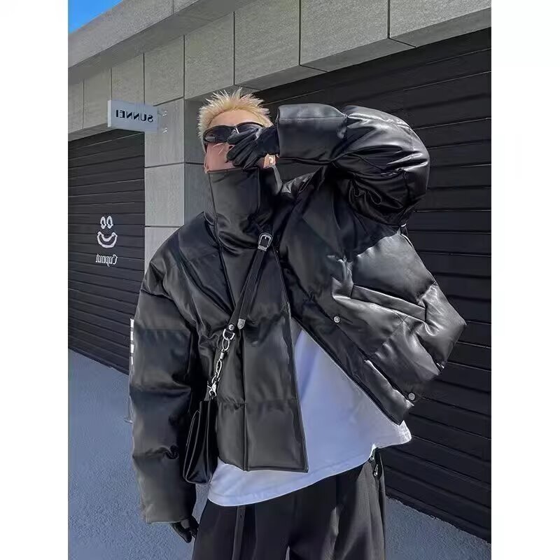 2024新款pu皮棉衣男士冬季潮牌加厚棉服高级感纯色设计感小众外套