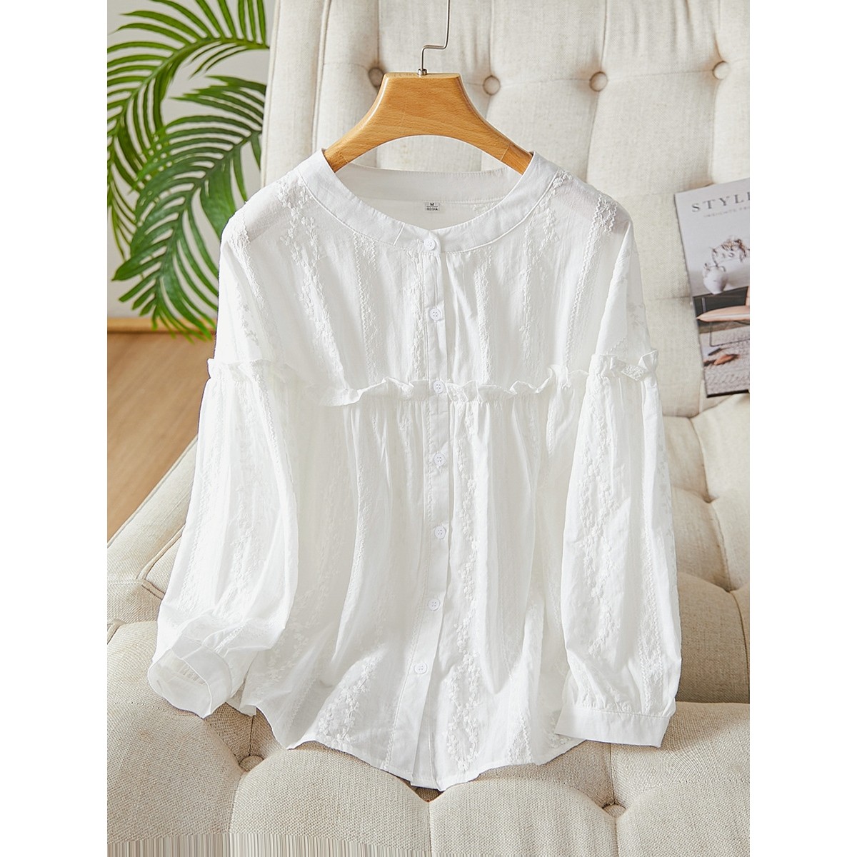 香港潮牌厂家直销圆领刺绣长袖衬衫2025新款木耳边灯笼袖上衣纯棉,女装/女士精品,衬衫,淘宝优惠券,粉丝福利购,淘宝优惠卷