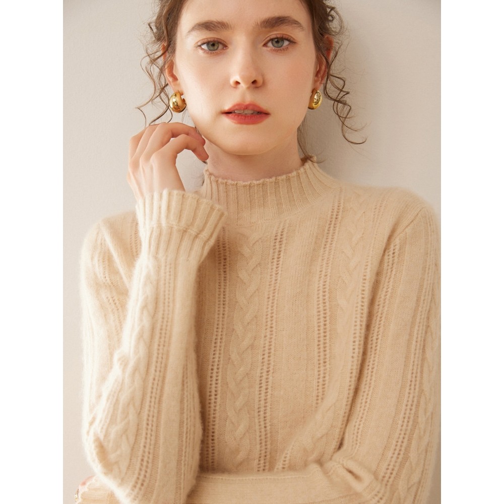 香港潮牌2025秋冬半高领山羊绒衫女绞花镂空毛衣套头宽松内搭外穿,女装/女士精品,羊绒衫,淘宝优惠券,粉丝福利购,淘宝优惠卷