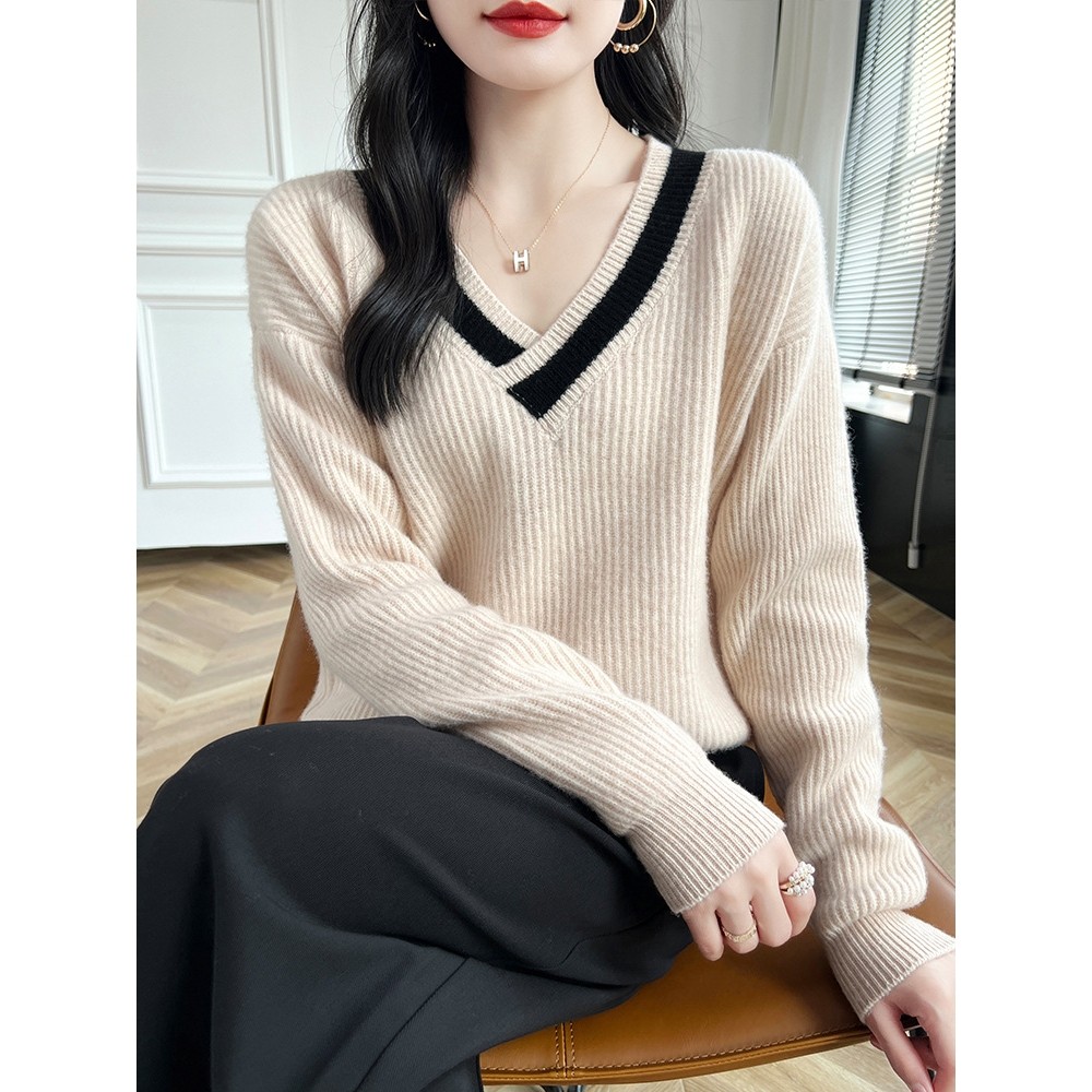 香港潮牌2025秋冬新款交叉V领100纯羊毛女拼色宽松百搭羊绒套头针,女装/女士精品,羊绒衫,淘宝优惠券,粉丝福利购,淘宝优惠卷