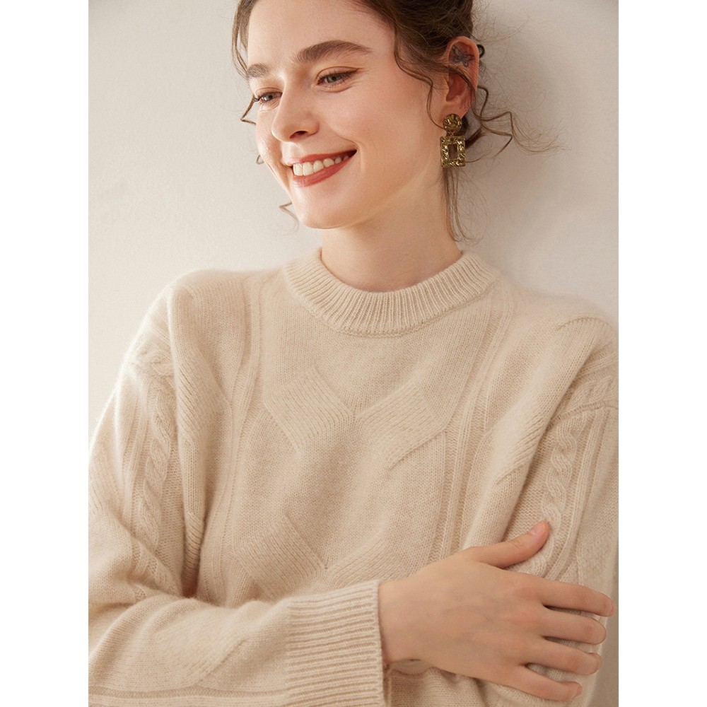 香港潮牌2025秋冬新款重磅加厚圆领羊绒衫女三股绞花宽松毛衣针织,女装/女士精品,羊绒衫,淘宝优惠券,粉丝福利购,淘宝优惠卷