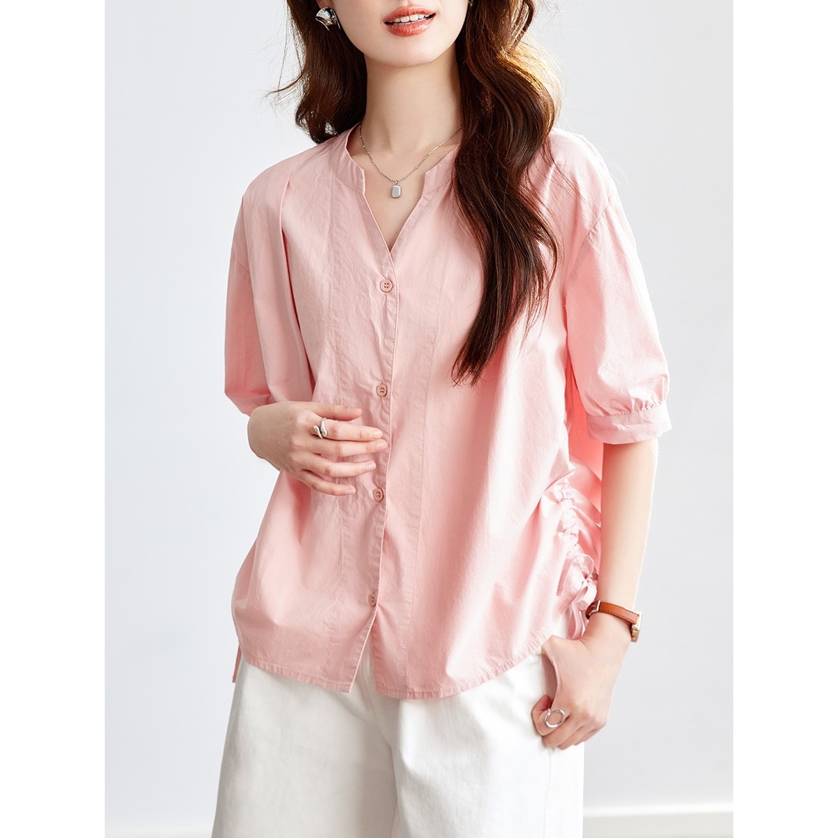 香港潮牌棉茧 粉色V领衬衫女短袖2025夏季新款侧开叉设计感上衣纯,孕妇装/孕产妇用品/营养,衬衫/雪纺衫,淘宝优惠券,粉丝福利购,淘宝优惠卷