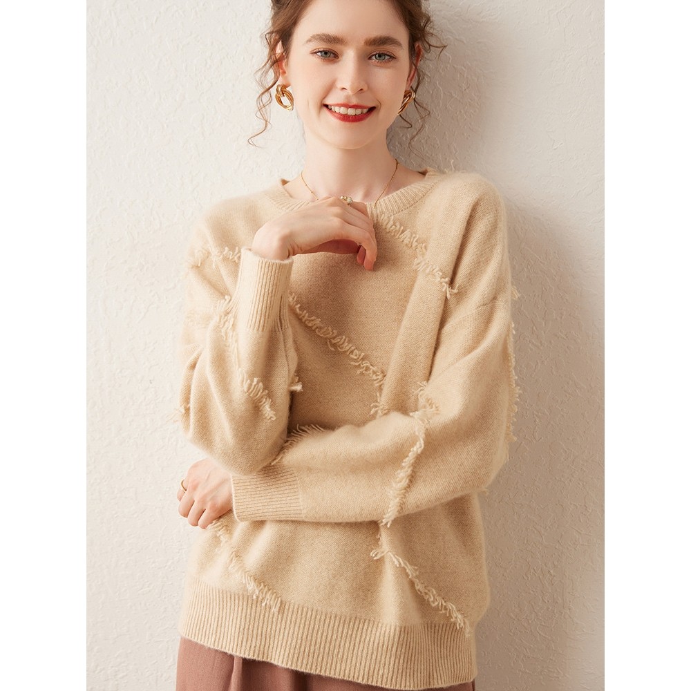 香港潮牌法式手工流苏山羊绒衫女圆领秋冬加厚毛衣宽松慵懒风套头,女装/女士精品,羊绒衫,淘宝优惠券,粉丝福利购,淘宝优惠卷