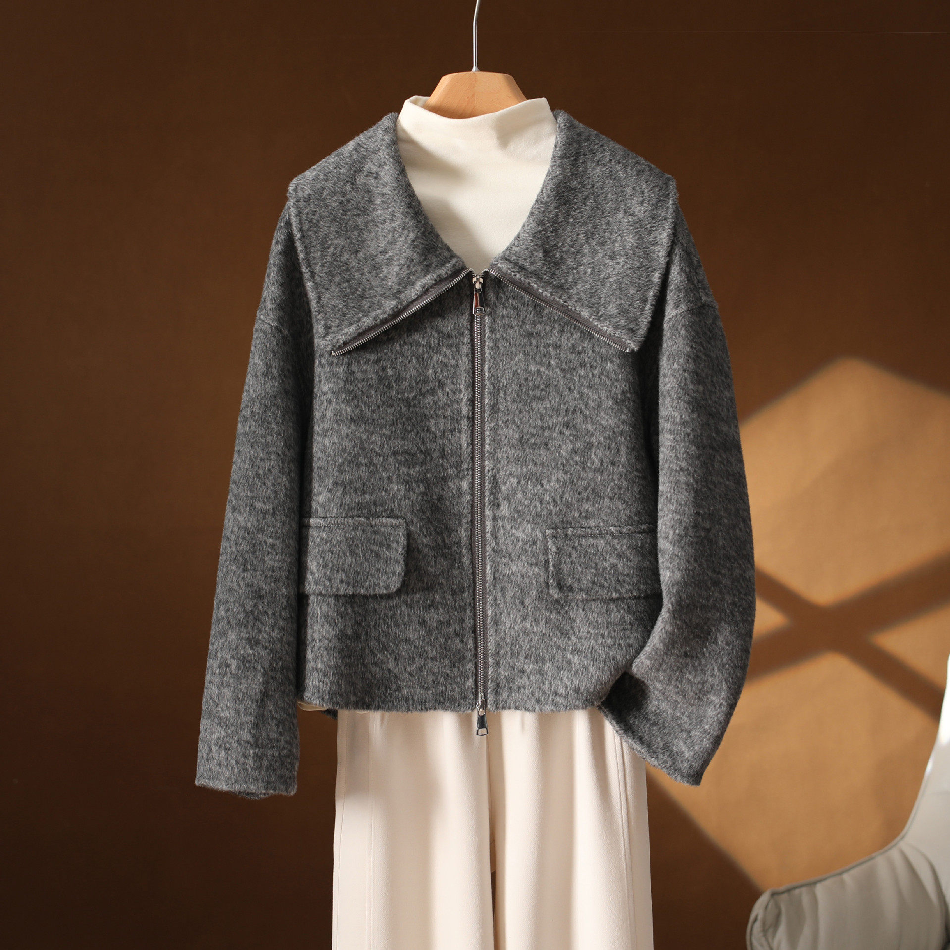 香港潮牌2025双面羊绒大衣短款灰色拉链休闲海军领女式毛呢外套小,女装/女士精品,毛呢外套,淘宝优惠券,粉丝福利购,淘宝优惠卷