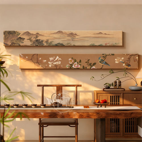 湖山春暖图茶室挂画宋式美学客厅沙发背景墙装饰画山水画长条壁画