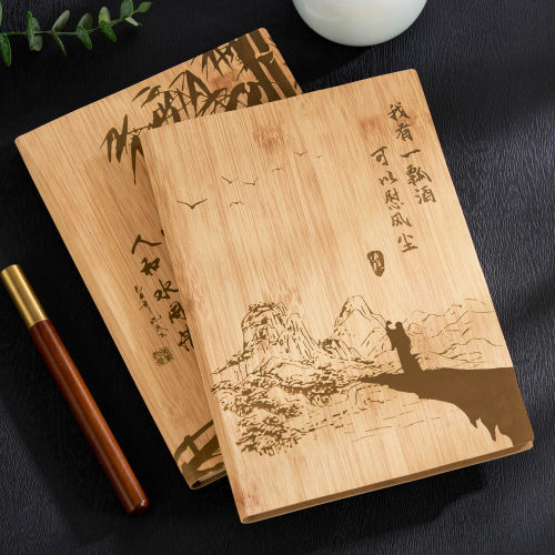 仿竹A5笔记本本子复古加厚软皮面日记本成人大学生考研学习横线记事本高颜值商务办公工作会议记录本定制logo