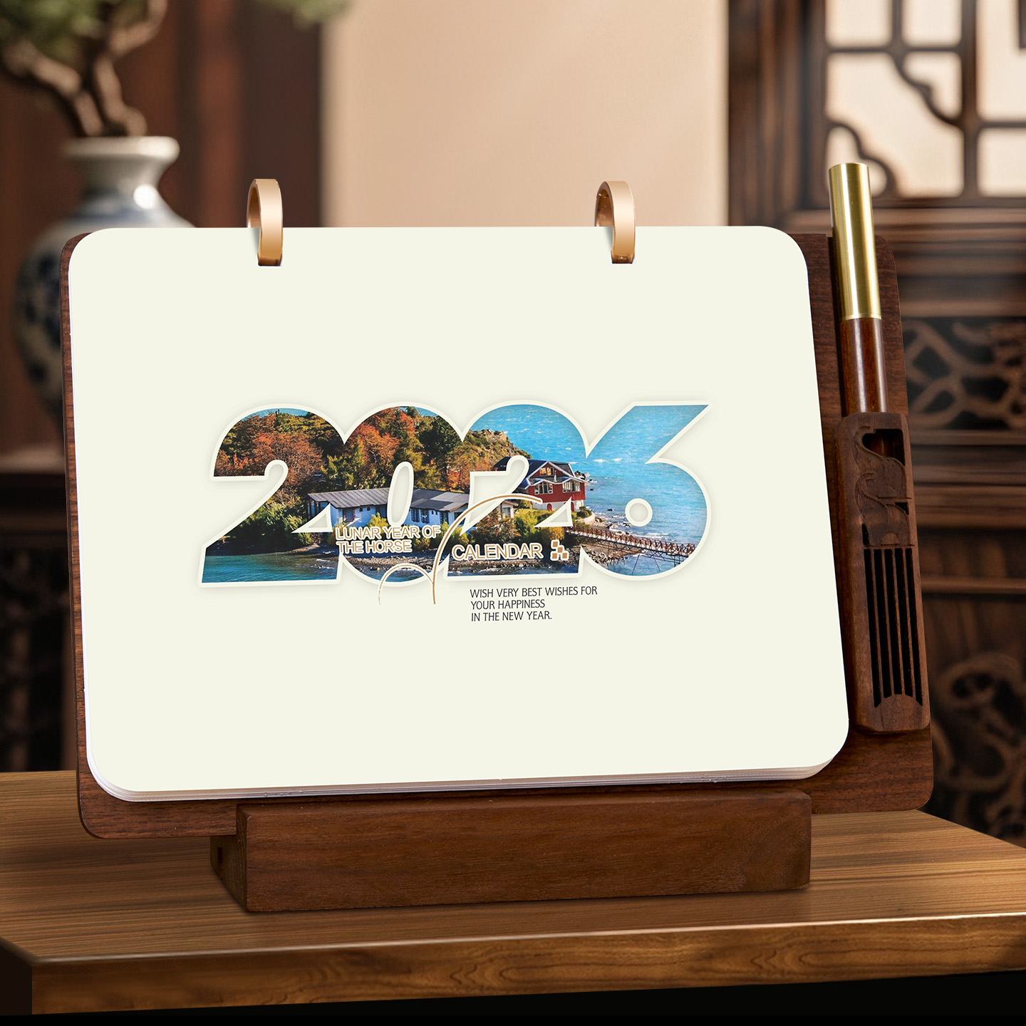 台历2026新款实木笔插日历定制