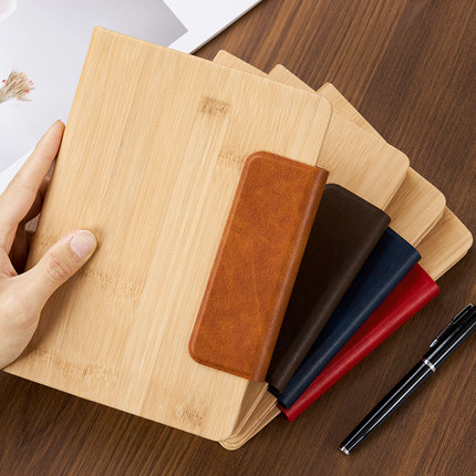 A5竹面笔记本子环保碳化磁吸扣记事本PU拼接商务简约大学生企业定制可印LOGO教师节送礼办公会议记录日记本