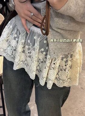 韩系甜美刺绣玫瑰花高端蕾丝屁帘腰搭冬裙子2025新款叠穿花边下摆