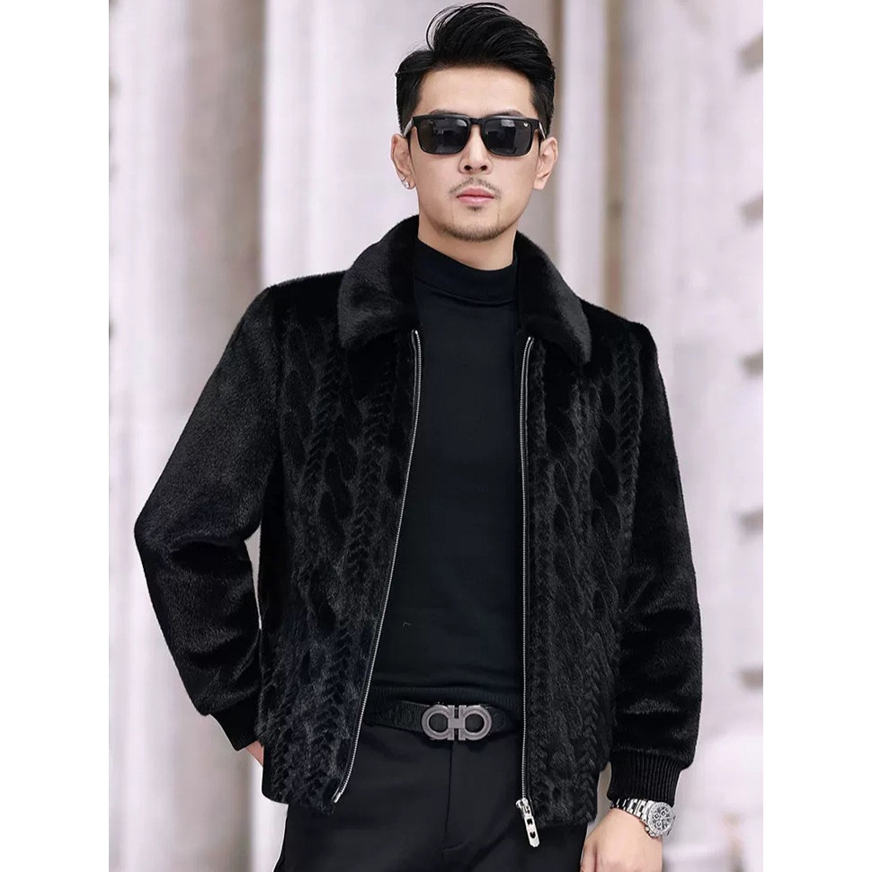 恒源祥官方正品2024新款麻花金貂绒休闲夹克外套貂皮大衣男士冬季