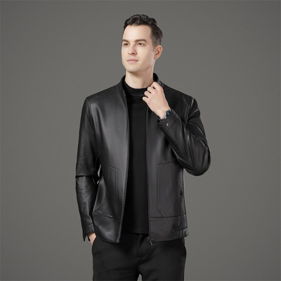 恒源祥官方正品海宁皮衣男士秋冬款商务休闲立领加绒外套中年皮夹