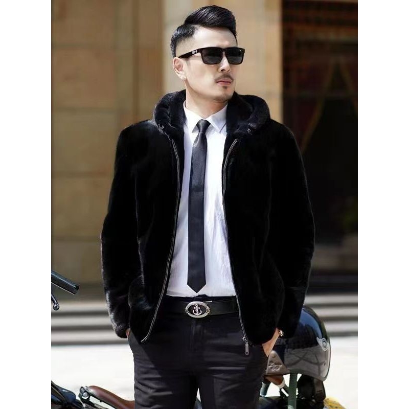 恒源祥官方正品海宁皮草貂毛大衣男士冬季外套连帽男貂皮男装仿貂
