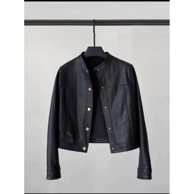 恒源祥官方正品海宁皮衣女外套韩版短款小个子立领机车复古皮夹克