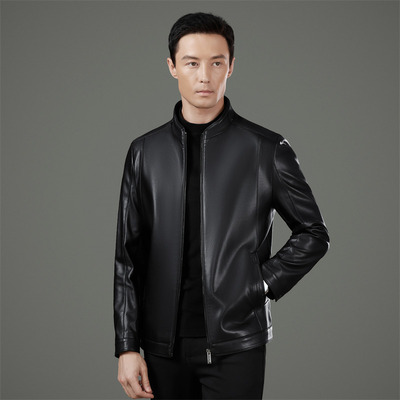 恒源祥官方正品加肥加大码男装海宁男士皮衣中年男士休闲立领翻领